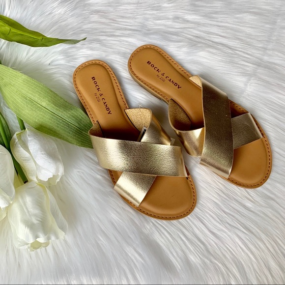 Rock & Candy Shoes - Rock & Candy | Gold Criss Cross Slip On Sandals